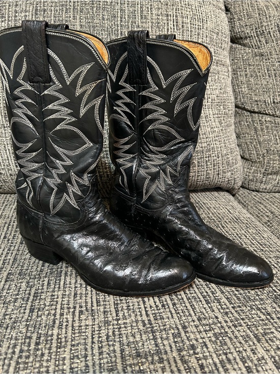 Justin Boots Shoes - Justin Black Ostrich ladies Cowboy Boots with White Stitching